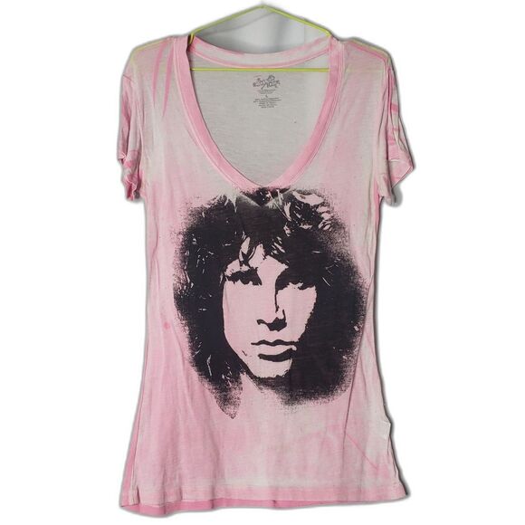 ROCK ICONS Jim Morrison The Doors Pink Sheer V Neck T Shirt Womens Size Large - Picture 1 of 8